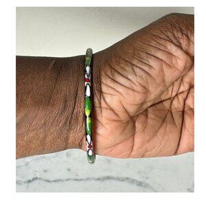 Vintage Cloisonné Enamel Bangle Bracelet Black Green Floral Asian Inspired